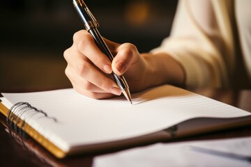 Close up of businesswoman hand writing notes on notebook using pen