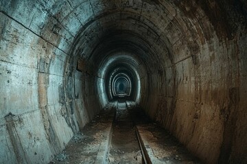 Obraz premium Dark, arched tunnel; tracks lead to light.
