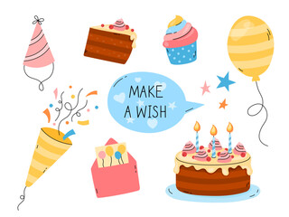Happy Birthday vector elements set, greeting card. Make a Wish lettering. Funny flat colorful hand drawn kid bday design objects isolated