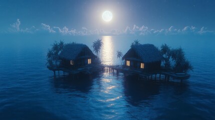 Serene Island Cabins Under Moonlight: A Picturesque Coastal Retreat