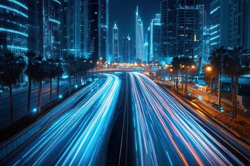 Obraz premium City highway with light trails at night, with tall buildings, palms.