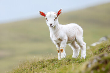 Obraz premium Adorable young white goat standing in green pasture on a clear day
