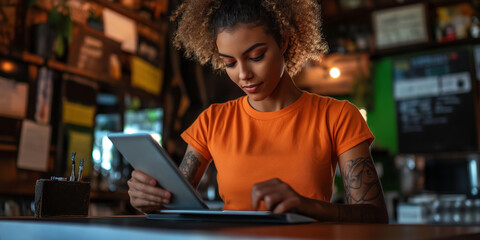 Obraz premium Focused Woman Using Digital Tablet in Cozy Coffee Shop