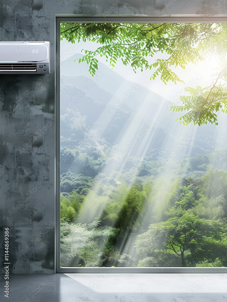 Poster air conditioner installed on wall with open window revealing vibrant nature and sunlight filtering t