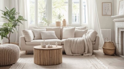 Cozy living room with sofa, pillows, plants, coffee table, blanket, and carpet.