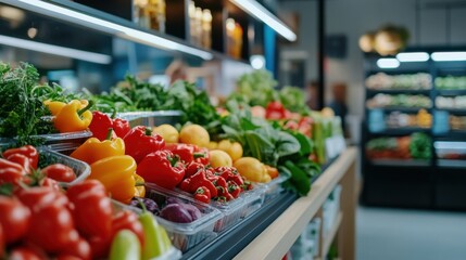 Fresh and Colorful Organic Vegetables Displayed on Shelves in Modern Grocery Store with Vibrant Produce