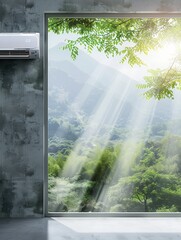 Air conditioner installed on wall with open window revealing vibrant nature and sunlight filtering through trees. Generative AI