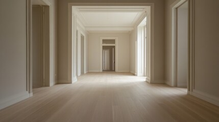 Long hallway with light wood floors, white walls, doorways, and crown molding.