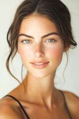 Naklejka premium Young caucasian female with soft expression and natural makeup