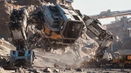 A giant mining excavator robot, its large robotic arm digging into the ground to extract minerals background wallpaper AI generated image