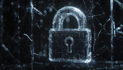 A glass padlock with cracks.