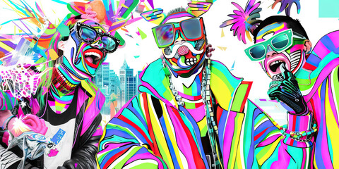 Obraz premium Stylized Portraits of Three Individuals in Multicolored Clothing and Face Paint