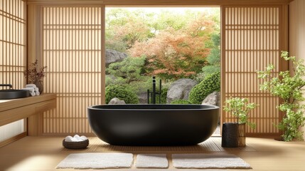 Fototapeta premium Minimalist bathroom with black tub, zen garden view.