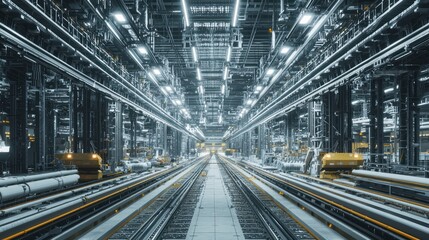 Obraz premium Train tracks inside industrial building.