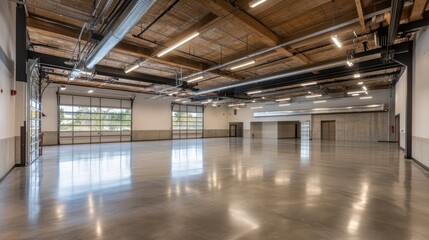 Naklejka premium Empty interior hall with polished floor and glass doors.