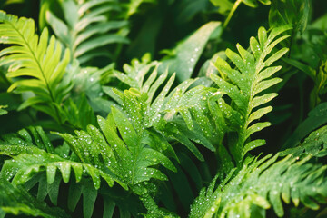 Lush green fern leaves with morning dew drops in natural sunlight