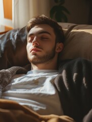 Obraz premium Young man sleeping peacefully on bed