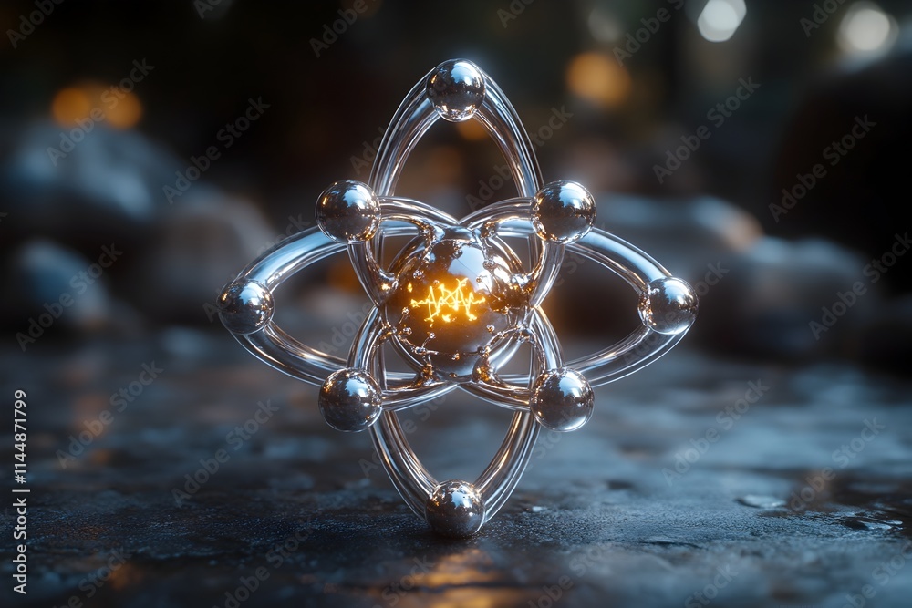 Poster exploded assembly of a technetium atom demonstrating its precise subatomic particle composition and 