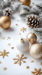 Fototapeta premium Holiday decorations featuring gold and white ornaments on a light background for festive cheer