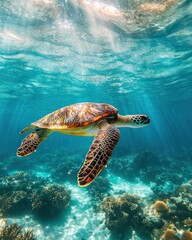 Obraz premium Turtle swims in clear water, sunlight shining through.