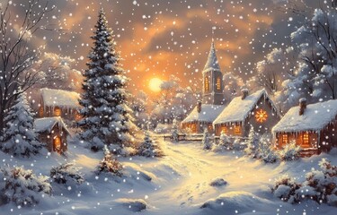 Snowy village scene at sunset with falling snow.