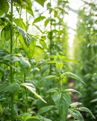 Vibrant, verdant foliage of a dense forest, with layers of leaves and branches creating a serene, natural environment. The soft, diffused lighting filters through the canopy.