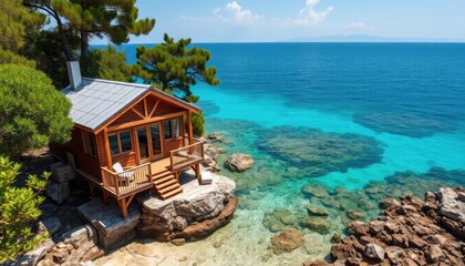 Fototapeta premium A wooden cabin on the rocks above crystal-clear turquoise water