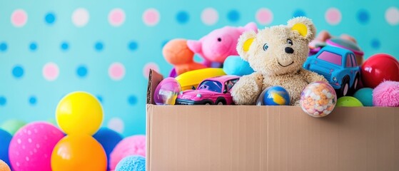 Obraz premium Box full of toys, colorful, cute, plush, cars, balls.
