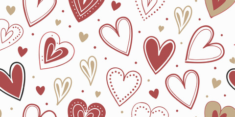 A vibrant pattern of hand-drawn hearts in various sizes and shades of red and beige decorates the background. The arrangement includes simple outlines as well as intricate designs with polka dots. AI 
