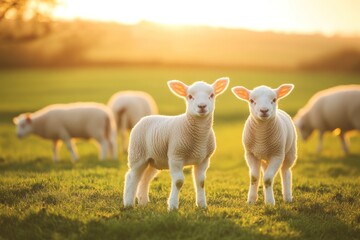 Obraz premium Lambs in a grassy field at golden hour.
