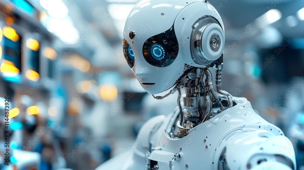 Poster robotic assistant with advanced features operates in a futuristic environment