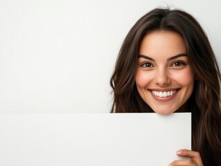 Fototapeta premium Smiling woman holds blank sign. (1)