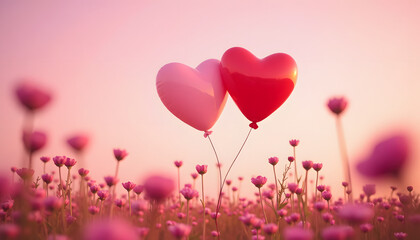 Two heart-shaped balloons in a field of flowers, symbolizing love on a romantic backdrop