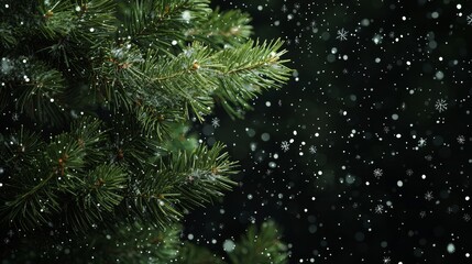 Snowflakes are gently falling on the dark green branches of a pine tree at night, creating a magical winter wonderland scene perfect for christmas or winter holidays