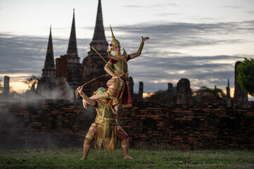 Pantomime (Khon) is traditional Thai classic masked play enacting scenes from the Ramayana in a...