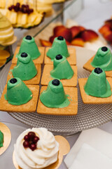 In the foreground are square cookies containing green cone-shaped sweets topped with blueberries.