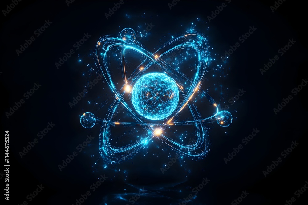 Poster exploded diagram of a technetium atom unveiling its internal structure and radioactive properties pr