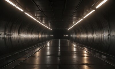 Naklejka premium Abstract light patterns in dark underground tunnel, tunnel walls, light beams, geometric shapes