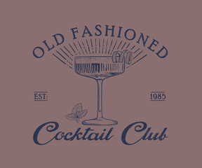 Vintage cocktail club vector design, Old fashioned cocktail glass with lemon and mint vector art, Summer drinks artwork for t shirt, poster, screen print, menu card 