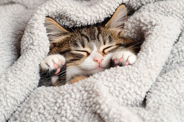 Adorable kitten sleeping comfortably wrapped in a soft blanket