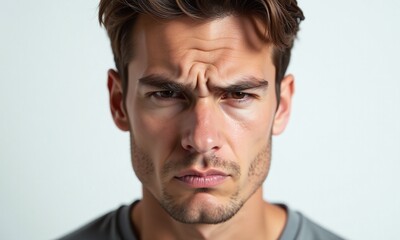 Fototapeta premium Portrait young man furrowed brow pouting expression annoyed