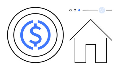 Dollar sign inside concentric circles next to a simple house outline with navigation dots. Ideal for financial services, real estate, banking, investment, mortgage, economic planning, savings. Line