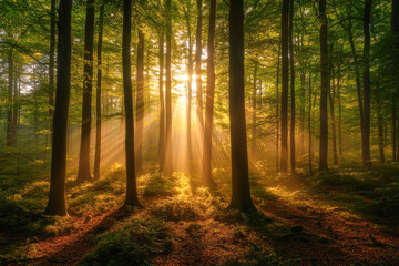 Obraz premium Sunlight streaming through forest trees in serene woodland setting