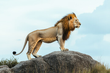 Majestic lion on rock in savanna landscape under blue sky