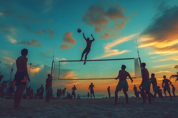 Sunset Beach Volleyball Game Cultural Unity and Sportsmanship Under Pastel Skies