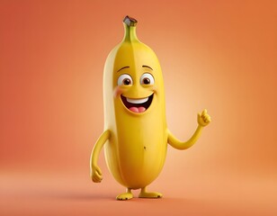 Cute 3d happy face banana cartoon character fruit  with a smile on face in cheerful mood isolated on pink background