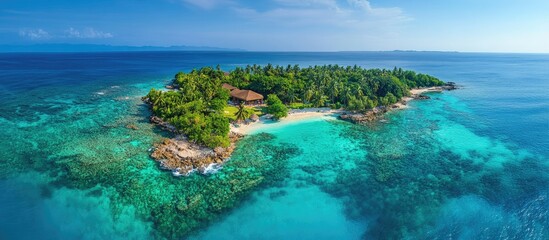 Aerial view of a tropical island paradise with a house, beach, and vibrant coral reef.