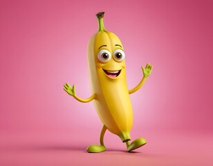 Cute 3d happy face banana cartoon character fruit  with a smile on face in cheerful mood isolated on pink background