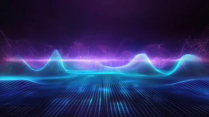 Abstract digital technology background with connected dots on 3d wave landscape. Concept of AI artificial intelligence, big data, data science, digital world, virtual reality, cyberspace, metaverse. 