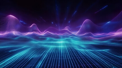 Digital technology background with connected dots on 3d glowing wave landscape. Concept of AI artificial intelligence, big data, data science, digital world, virtual reality, cyberspace, metaverse. 